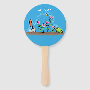Cute frog and bee in garden cartoon illustration  hand fan