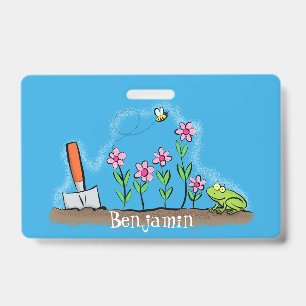Cute frog and bee in garden cartoon illustration ID badge