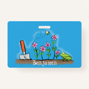 Cute frog and bee in garden cartoon illustration ID badge