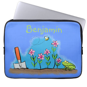 Cute frog and bee in garden cartoon illustration laptop sleeve