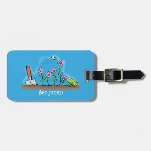 Cute frog and bee in garden cartoon illustration luggage tag