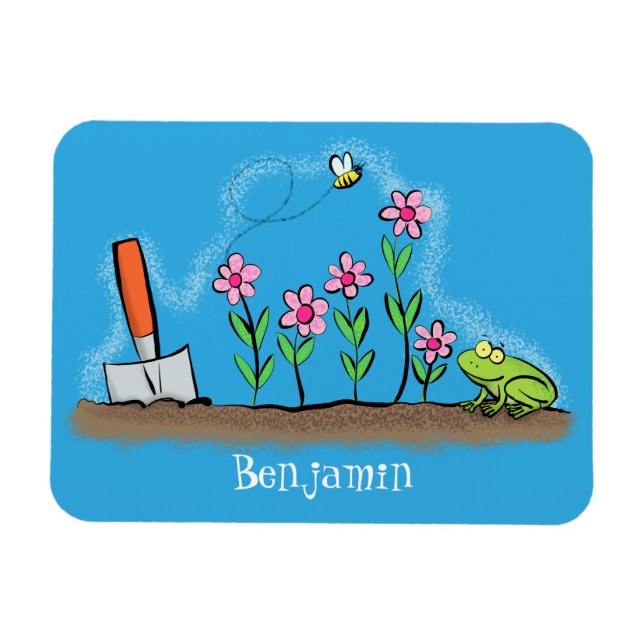Cute frog and bee in garden cartoon illustration magnet (Horizontal)