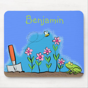 Cute frog and bee in garden cartoon illustration mouse mat