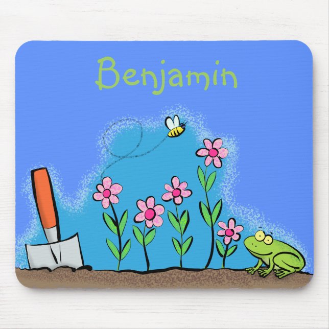 Cute frog and bee in garden cartoon illustration mouse mat (Front)