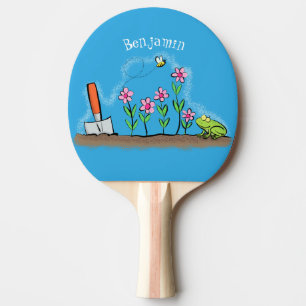 Cute frog and bee in garden cartoon illustration ping pong paddle
