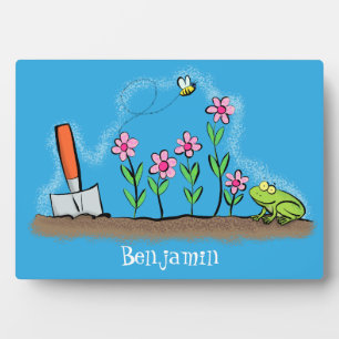 Cute frog and bee in garden cartoon illustration plaque