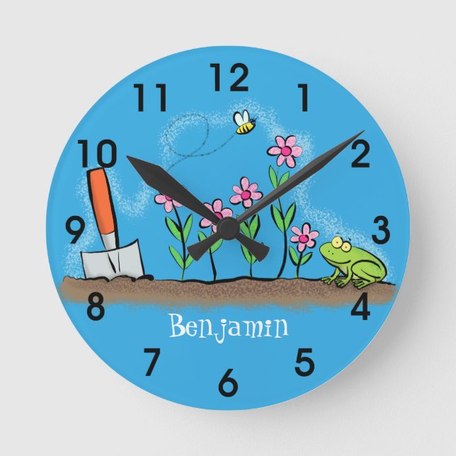 Cute frog and bee in garden cartoon illustration round clock (Front)