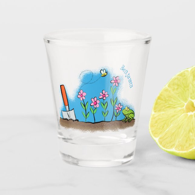 Cute frog and bee in garden cartoon illustration  shot glass (Front)
