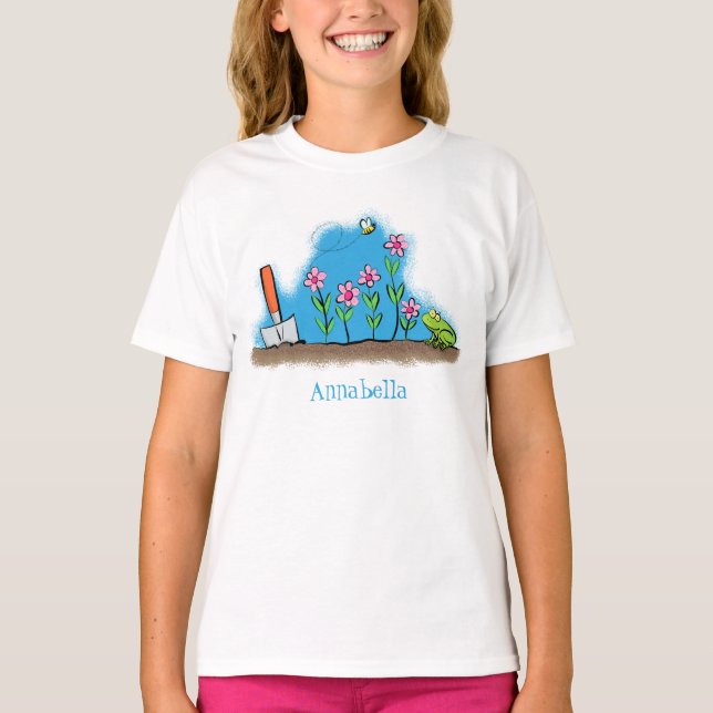 Cute frog and bee in garden cartoon illustration T-Shirt (Front)