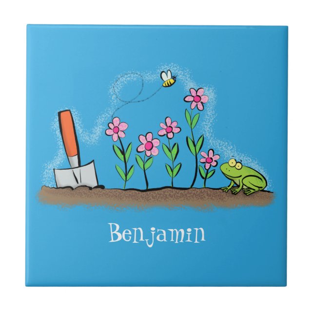 Cute frog and bee in garden cartoon illustration tile (Front)