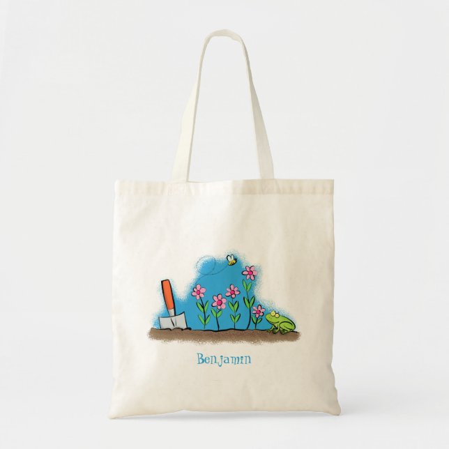 Cute frog and bee in garden cartoon illustration tote bag (Front)