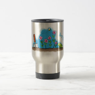 Cute frog and bee in garden cartoon illustration travel mug