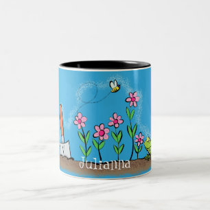 Cute frog and bee in garden cartoon illustration Two-Tone coffee mug