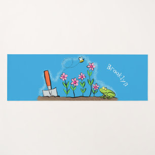 Cute frog and bee in garden cartoon illustration yoga mat