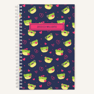 Cute Frog and Doodle Heart Pattern Navy Blue Pink Notebook