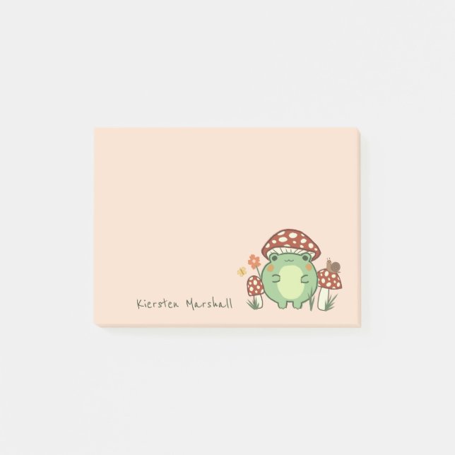 Cute Frog and Mushroom Cartoon Name Post-it Notes (Front)
