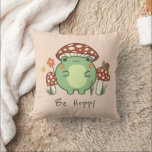 Cute Frog and Mushrooms Be Hoppy Cartoon  Cushion<br><div class="desc">This cute decorative throw pillow features a hand-drawn kawaii style cartoon frog, wearing a mushroom hat, along with other mushrooms, a snail, a flower, a butterfly, and grass. A colour scheme of red, lime, green, brown, orange, yellow, and peach is perfect for either the Indie or Cottage Core Aesthetic lover....</div>