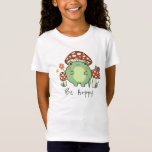 Cute Frog and Mushrooms Be Hoppy Cartoon  T-Shirt<br><div class="desc">This cute kids' T-shirt features a hand-drawn kawaii style cartoon frog, wearing a mushroom hat, along with other mushrooms, a snail, a flower, a butterfly, and grass. A color scheme of red, lime, green, brown, orange, yellow, and peach is perfect for either the Indie or Cottage Core Aesthetic lover. Customize...</div>