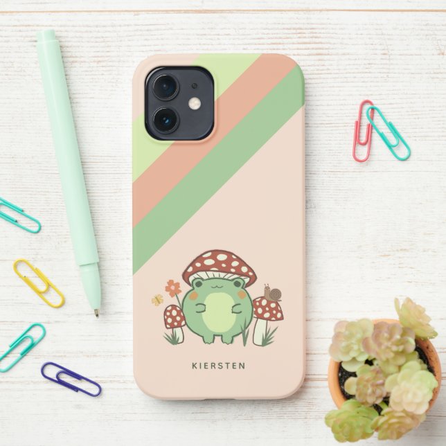 Cute Frog and Mushrooms Cartoon | Name iPhone Case (On Desk)