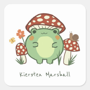 Cute Frog and Mushrooms Cartoon   Name  Square Sticker
