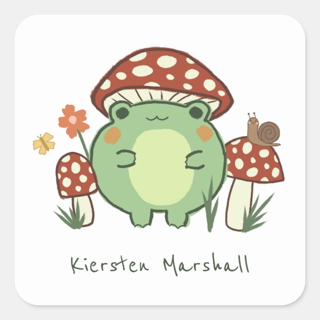 Cute Frog and Mushrooms Cartoon | Name  Square Sticker (Front)