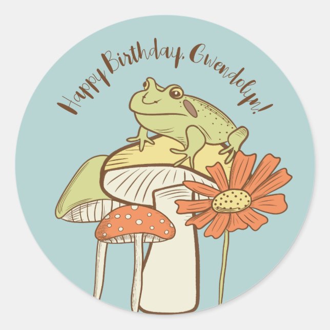Cute Frog and Mushrooms Cottagecore Personalised Classic Round Sticker (Front)