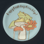 Cute Frog and Mushrooms Cottagecore Personalised Paper Plate<br><div class="desc">Add a cute touch to your next party with these personalised paper plates. They're ready to be personalised with your own custom message in brown script lettering and features a cute cottagecore style illustration of a frog sitting on a mushroom set against a light blue background.</div>