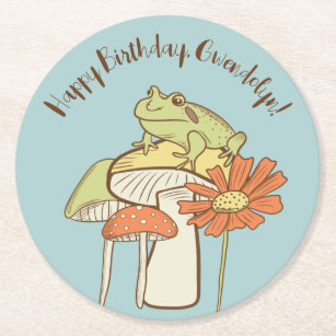Cute Frog and Mushrooms Cottagecore Personalised Round Paper Coaster
