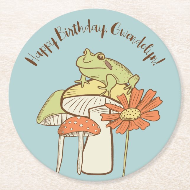 Cute Frog and Mushrooms Cottagecore Personalised Round Paper Coaster (Front)