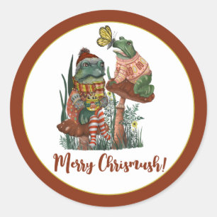 Cute Frog and Toad Merry Mushroom Christmas Class Classic Round Sticker