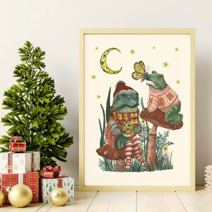 Cute Frog and Toad on Mushroom Christmas Wall Art