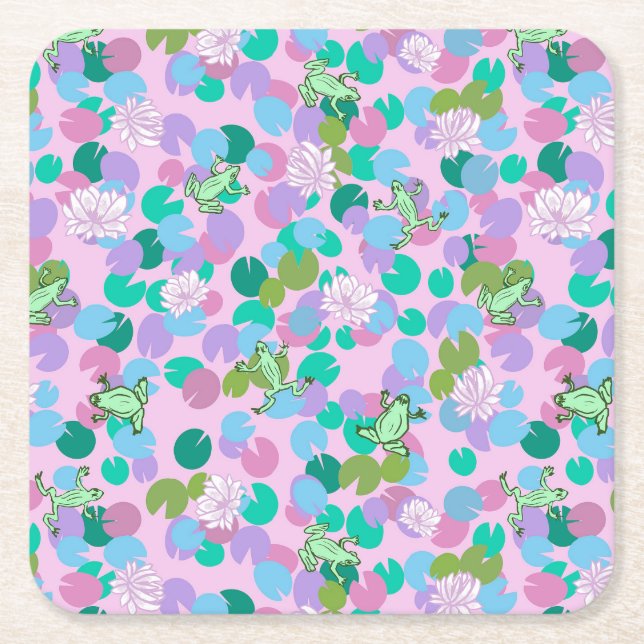 Cute frog art coasters with pink background (Front)