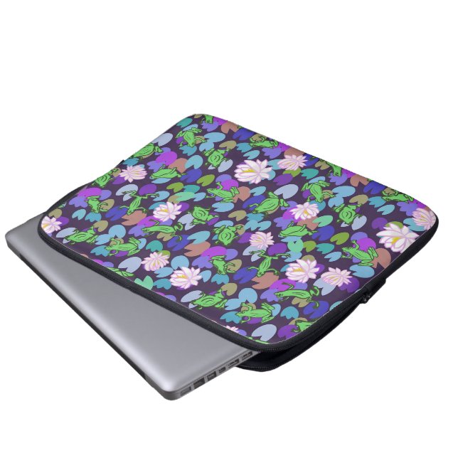 Cute frog art for kids blue green pink purple laptop sleeve (Front Bottom)