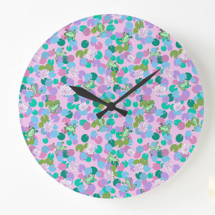 Cute frog art large clock with pink background