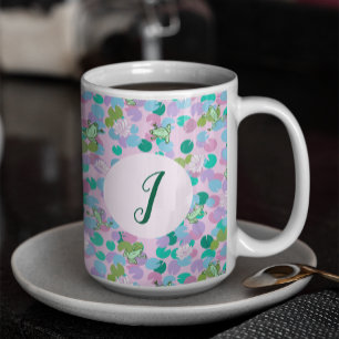Cute Frog Art Pink Waterlilies Custom Monogram Coffee Mug