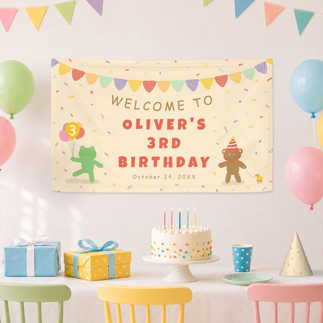 Cute Frog & Bear Birthday Banner (Adorable frog and bear 3rd birthday banner, fully customizable for your party.)