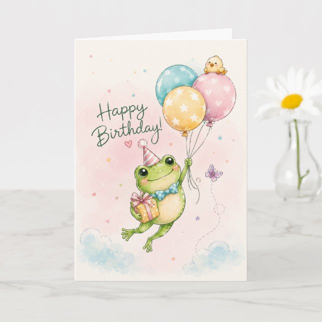 Cute Frog Birthday Balloons Greeting Card (Small Plant)