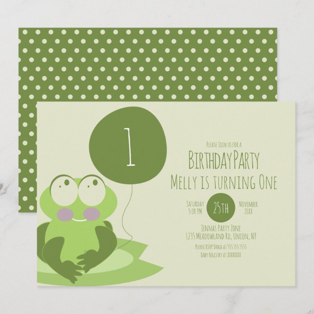 Cute Frog Birthday Party Balloon Greener Lily Pad  Invitation (Front/Back)