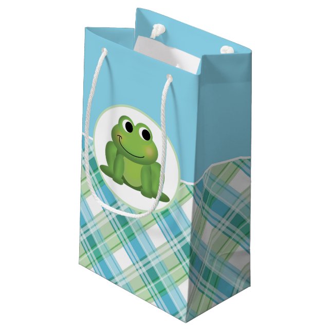 Cute Frog Blue and Green Plaid Gift Bag (Back Angled)