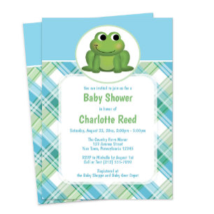 Cute Frog Blue Green Plaid Baby Shower Invitations