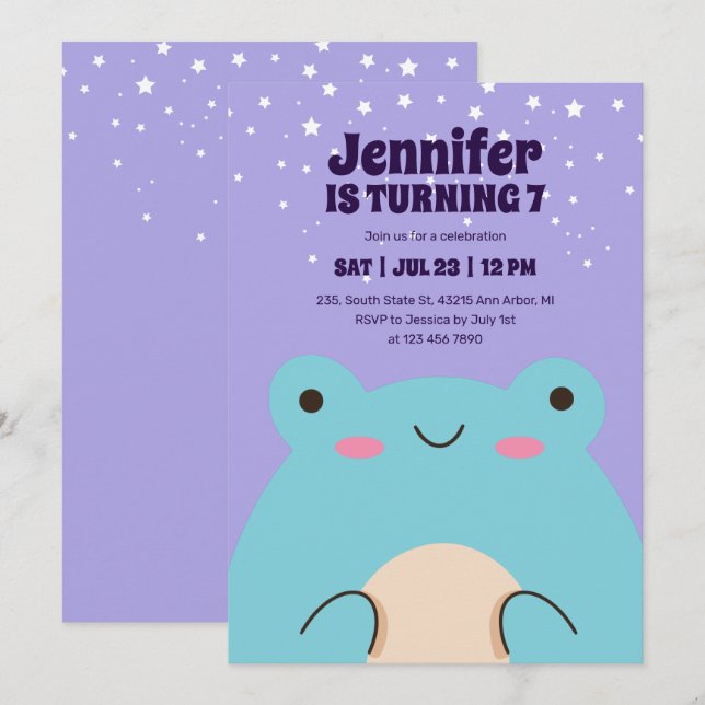 Cute Frog Cartoon Purple Kids Birthday Invitation (Front/Back)
