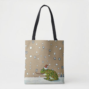 Cute Frog Catching Snowflake with Tongue Tote Bag