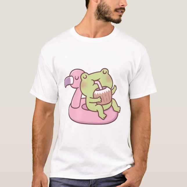 Cute Frog Chilling On Flamingo Pool Float T-Shirt (Front)