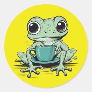 Cute Frog Coffee Round Sticker | Funny Frog