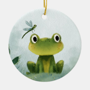 Cute Frog & Dragonfly – Soft Nature Illustration Ceramic Tree Decoration