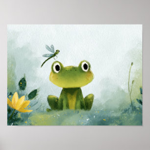 Cute Frog & Dragonfly – Soft Nature Illustration Poster