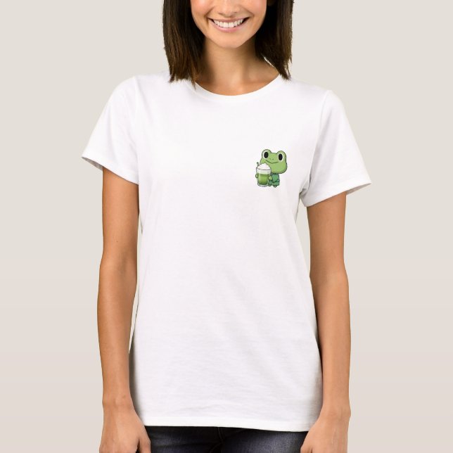 Cute Frog Drinking Matcha Latte Cartoon Character T-Shirt (Front)