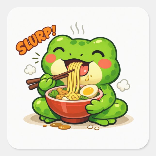Cute Frog Eating Noodles Square Sticker (Front)