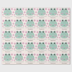 Cute Frog Face Flower Name Kids Birthday Wrapping Paper