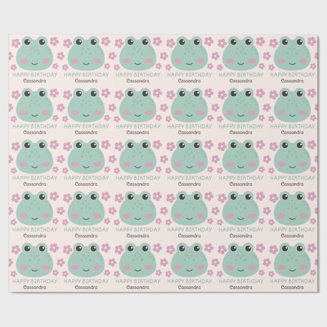 Cute Frog Face Flower Name Kids Birthday Wrapping Paper (Seam)